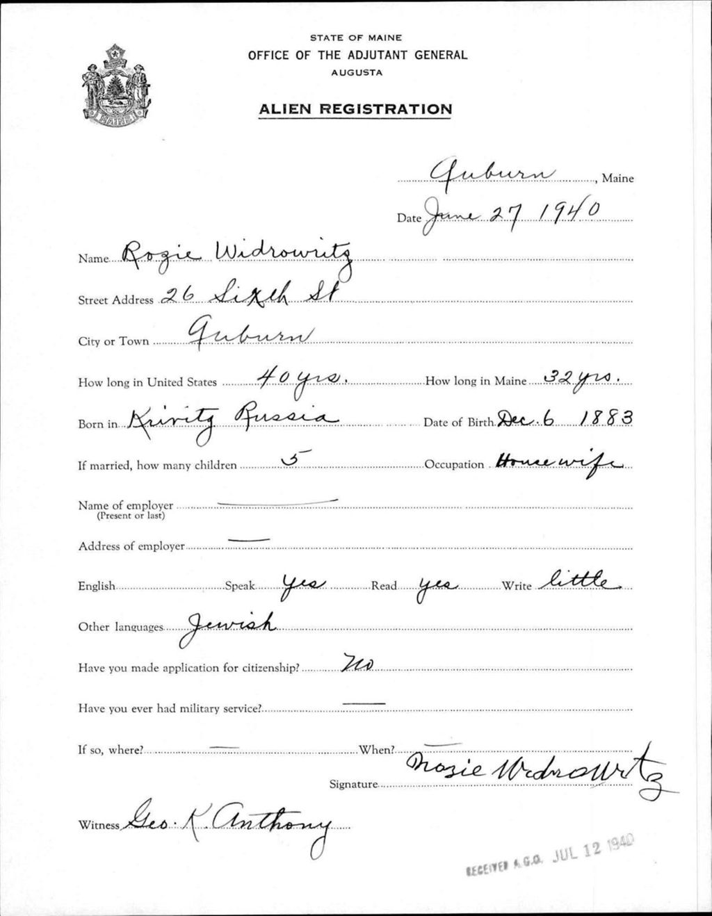 Miniature of Alien Registration- Widrowritz, Rozie (Auburn, Androscoggin County)