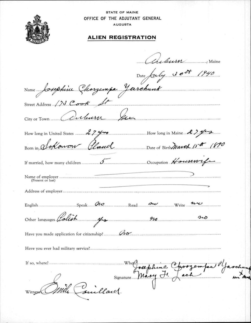 Miniature of Alien Registration- Choozempa, Josephine (Auburn, Androscoggin County)