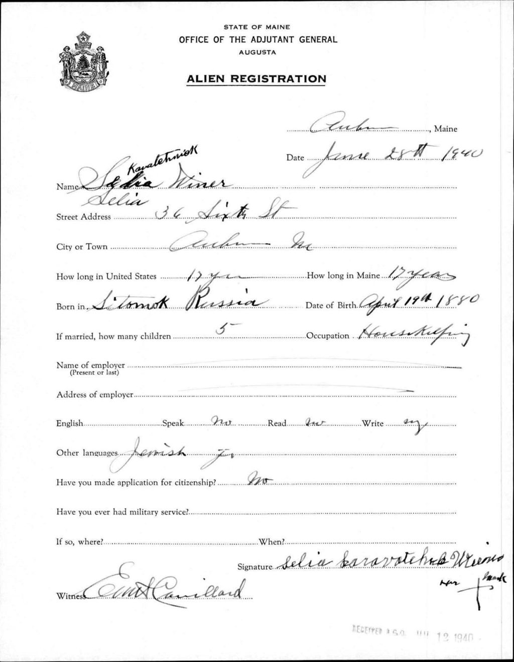 Miniature of Alien Registration- Kavatehniok, Selia (Auburn, Androscoggin County)