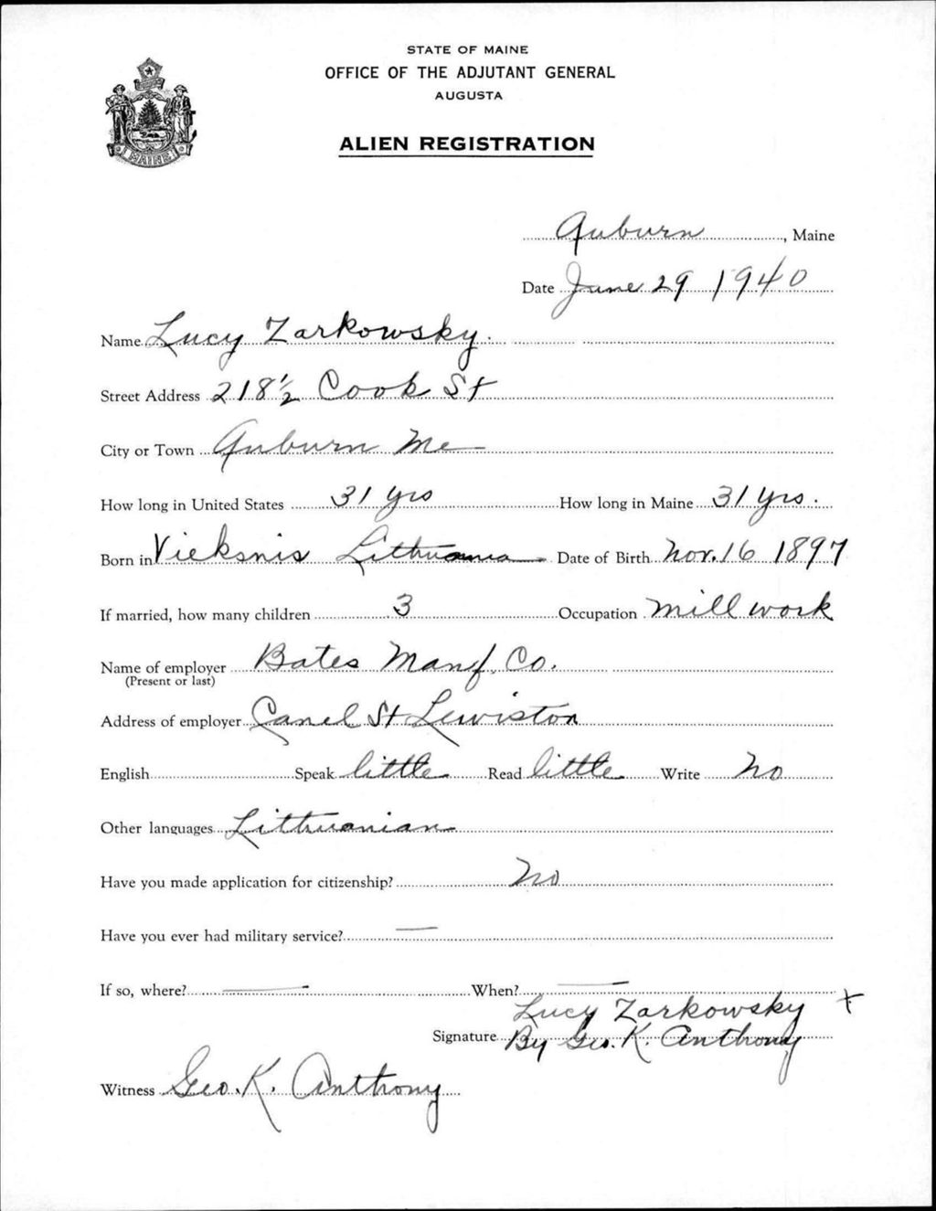 Miniature of Alien Registration- Zarkowsky, Lucy (Auburn, Androscoggin County)