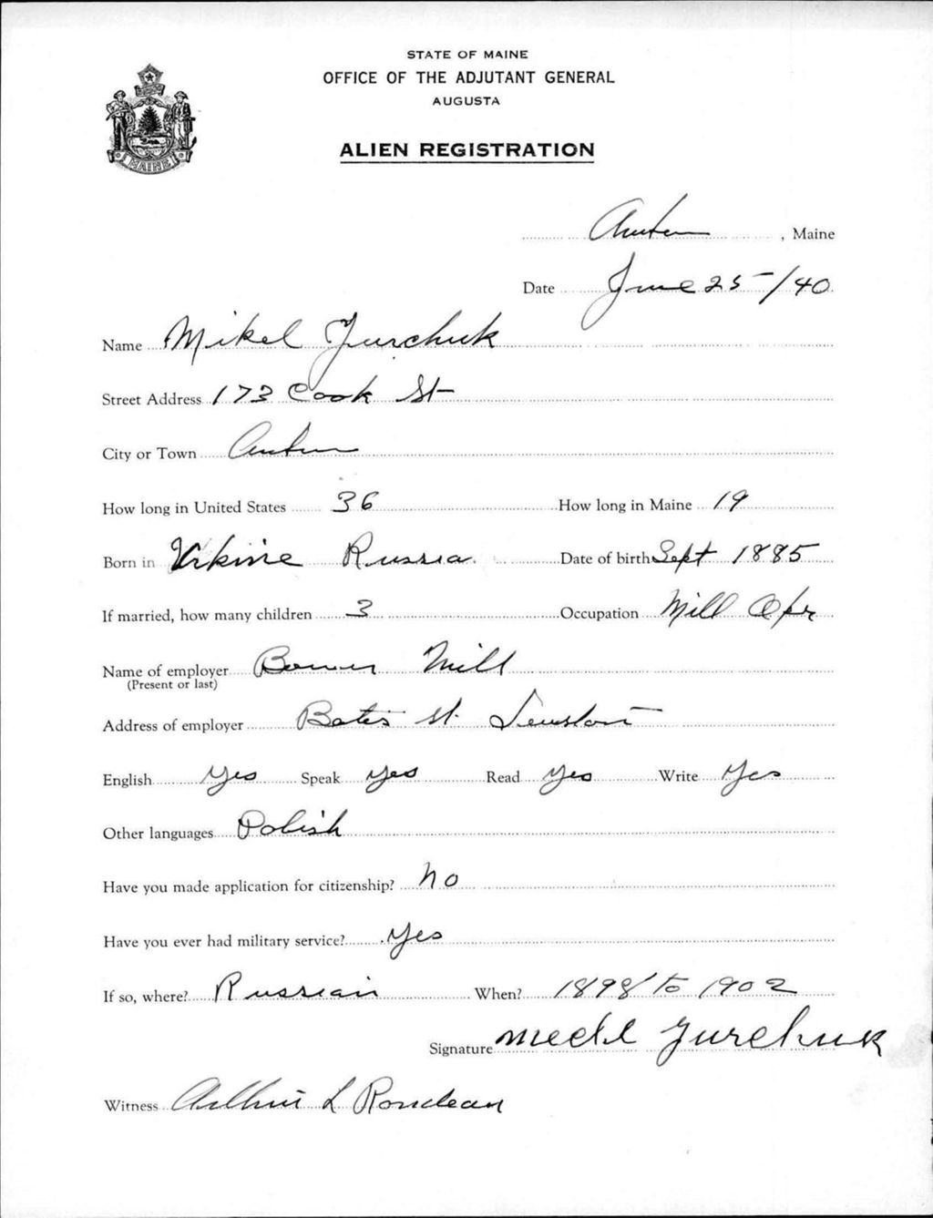 Miniature of Alien Registration- Yarchunk, Mikel (Auburn, Androscoggin County)