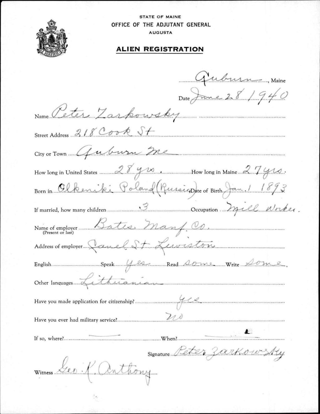 Miniature of Alien Registration- Zarkowsky, Peter (Auburn, Androscoggin County)