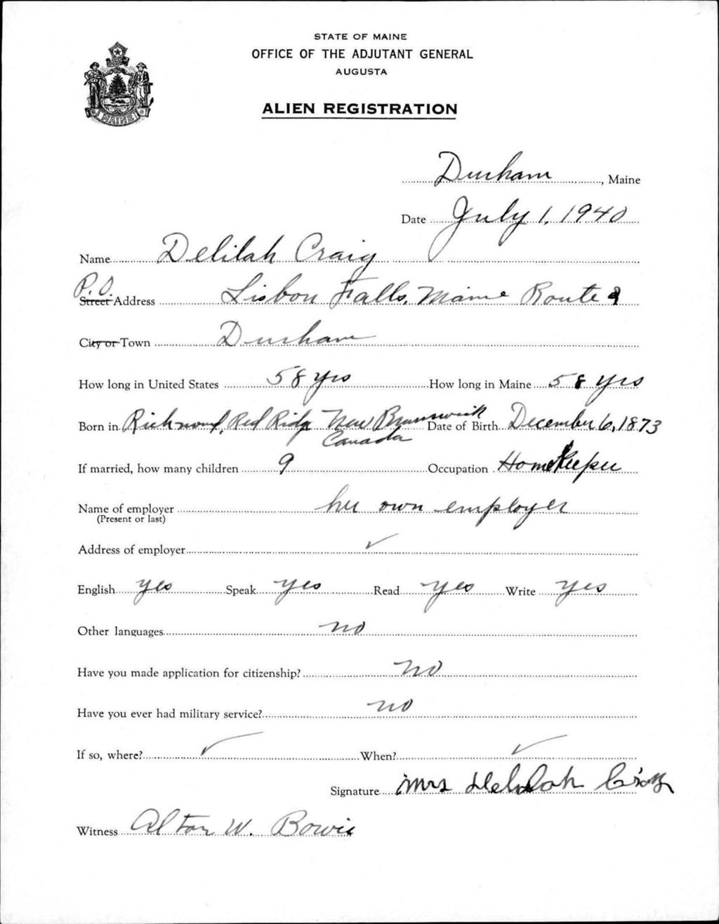 Miniature of Alien Registration- Craig, Delilah (Durham, Androscoggin County)