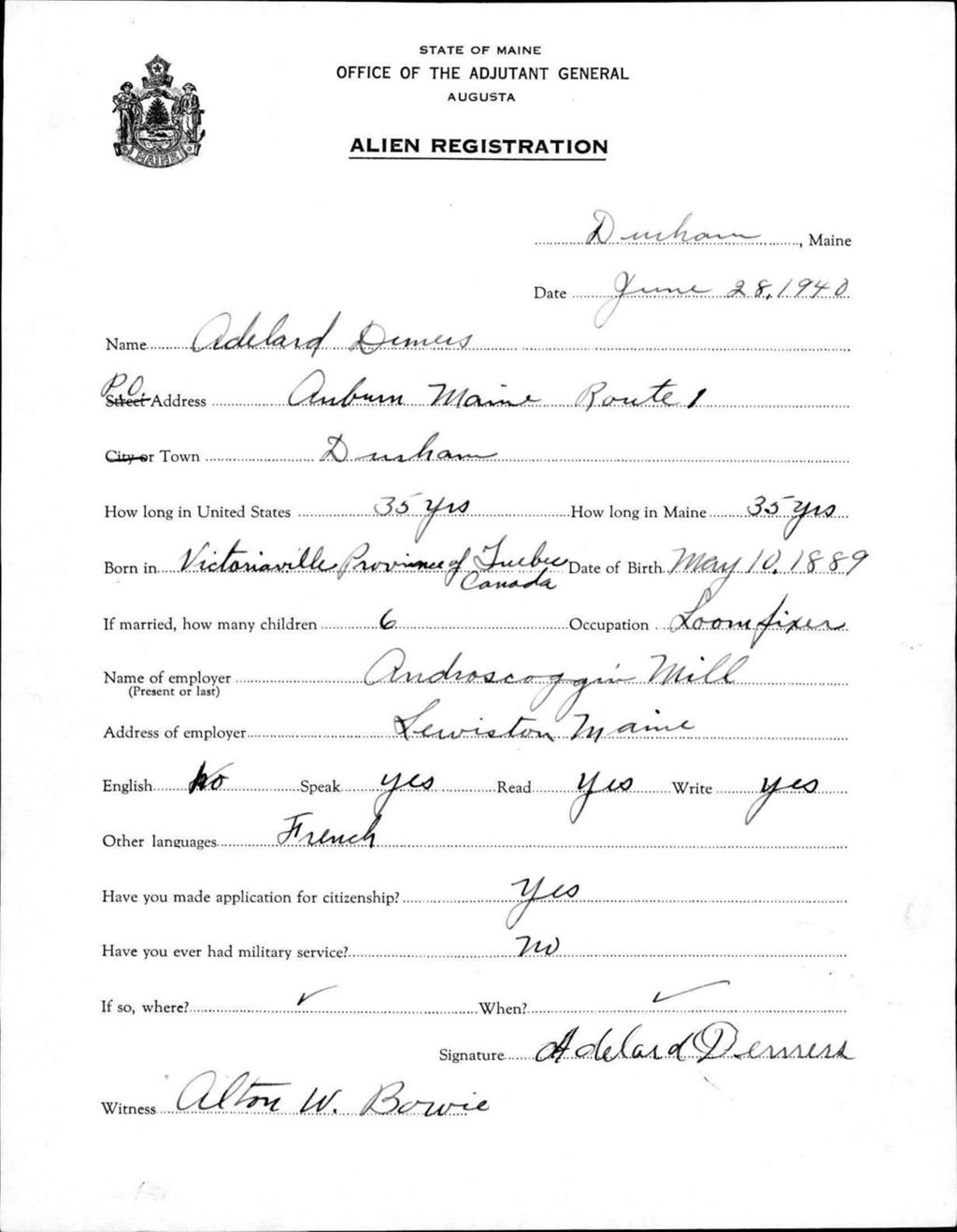 Miniature of Alien Registration- Demers, Adelard (Durham, Androscoggin County)