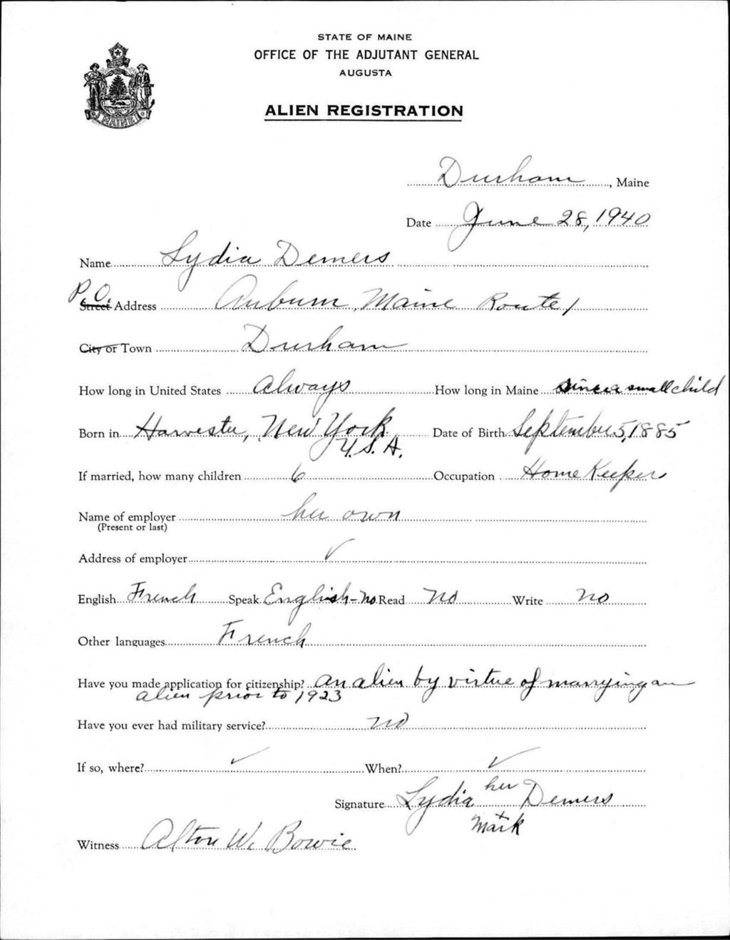 Miniature of Alien Registration- Demers, Lydia (Durham, Androscoggin County)