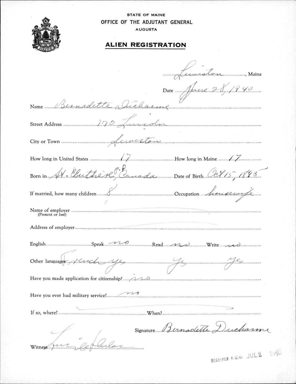 Miniature of Alien Registration- Ducharme, Bernadette (Lewiston, Androscoggin County)