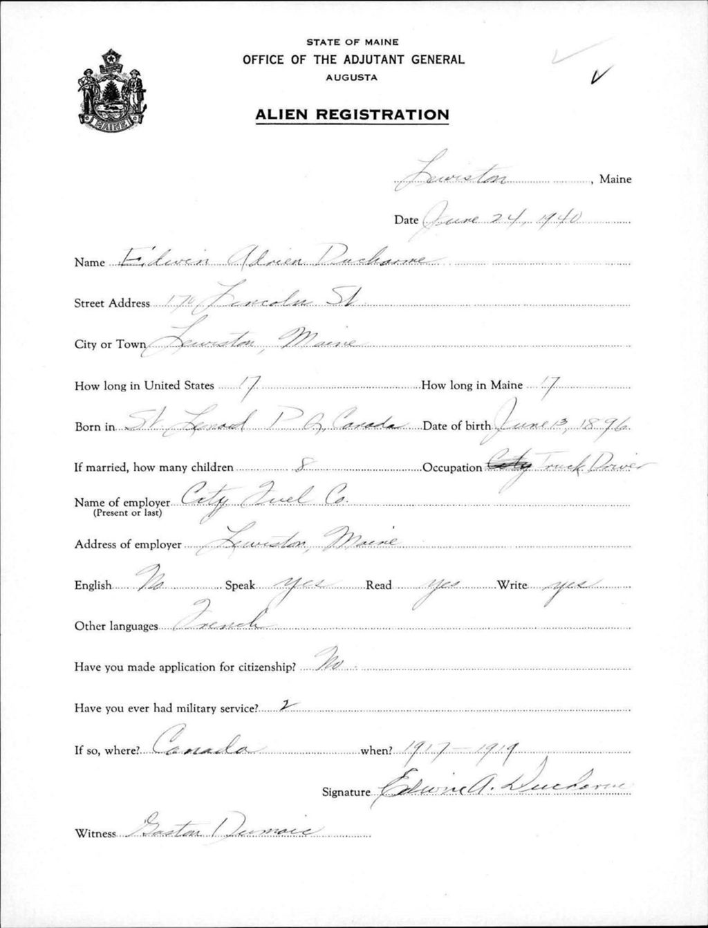 Miniature of Alien Registration- Ducharme, Edwin A. (Lewiston, Androscoggin County)