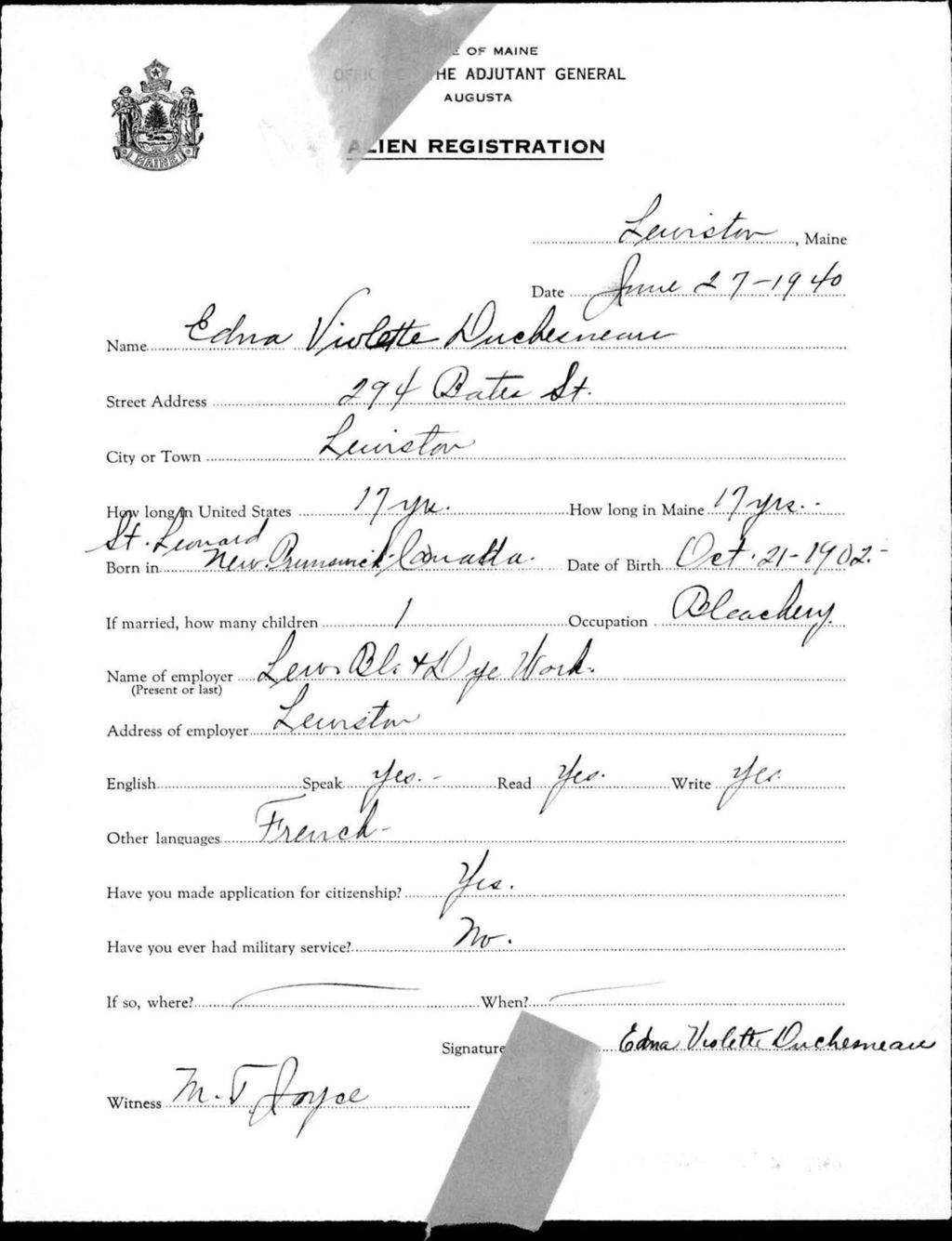 Miniature of Alien Registration- Violette, Edna (Lewiston, Androscoggin County)
