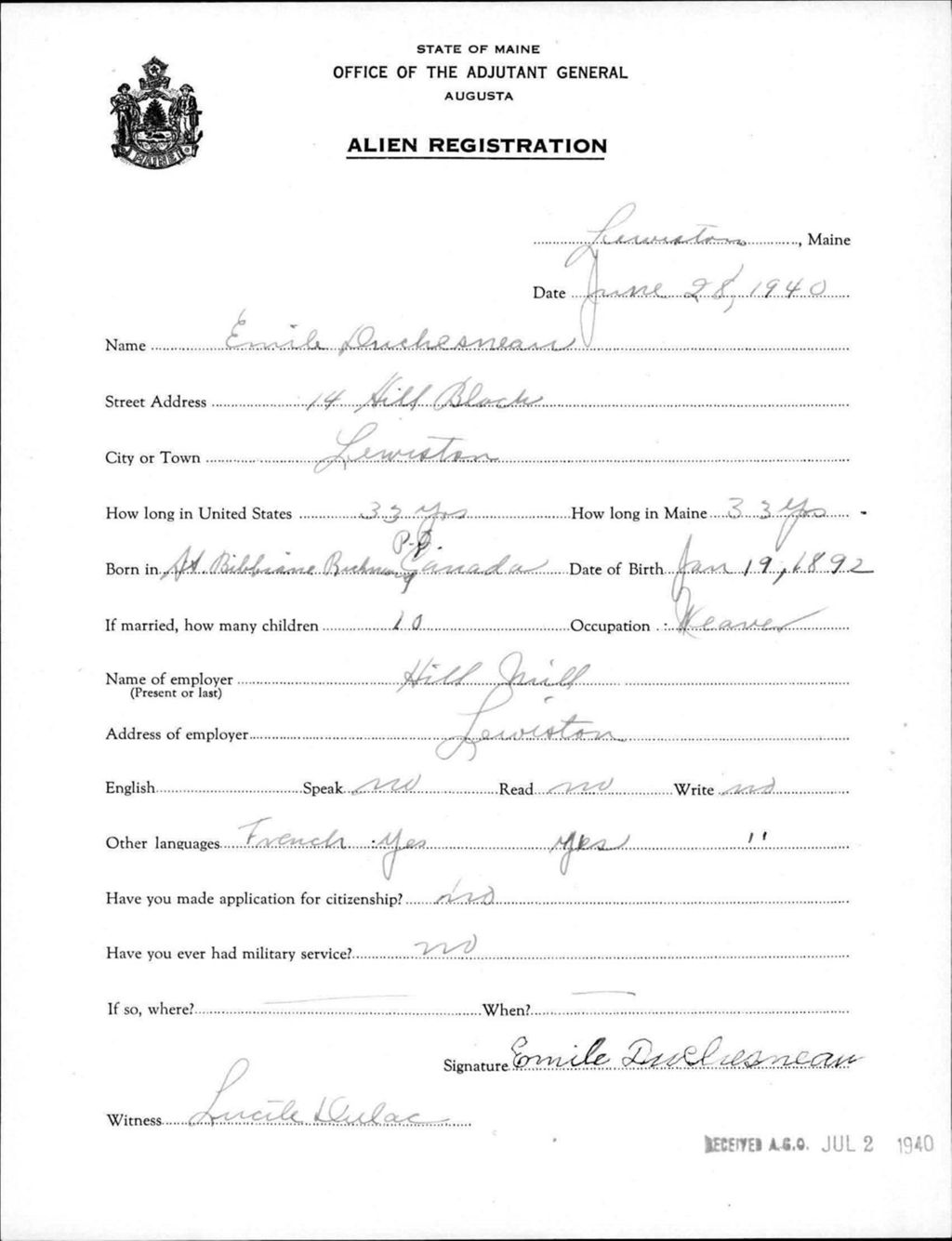 Miniature of Alien Registration- Duchesneau, Emile (Lewiston, Androscoggin County)