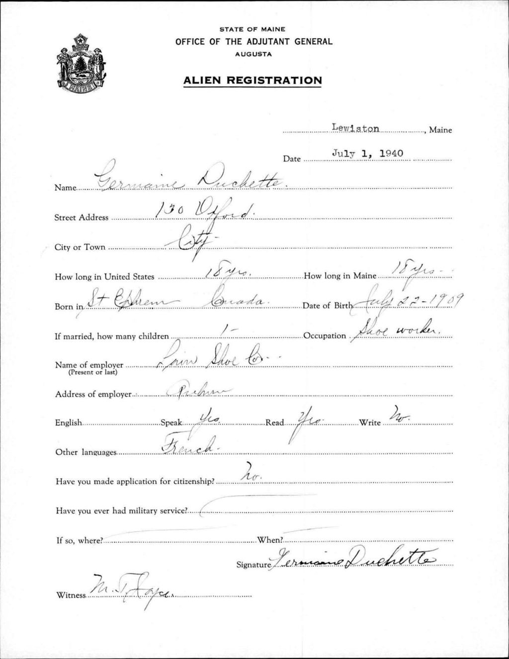 Miniature of Alien Registration- Duchette, Germaine (Lewiston, Androscoggin County)