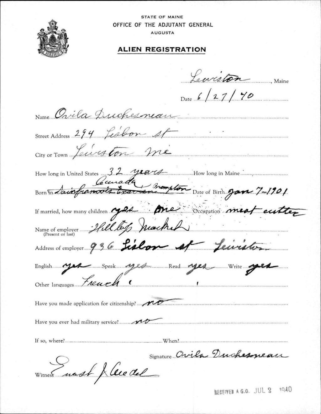 Miniature of Alien Registration- Duchesneau, Ovila (Lewiston, Androscoggin County)