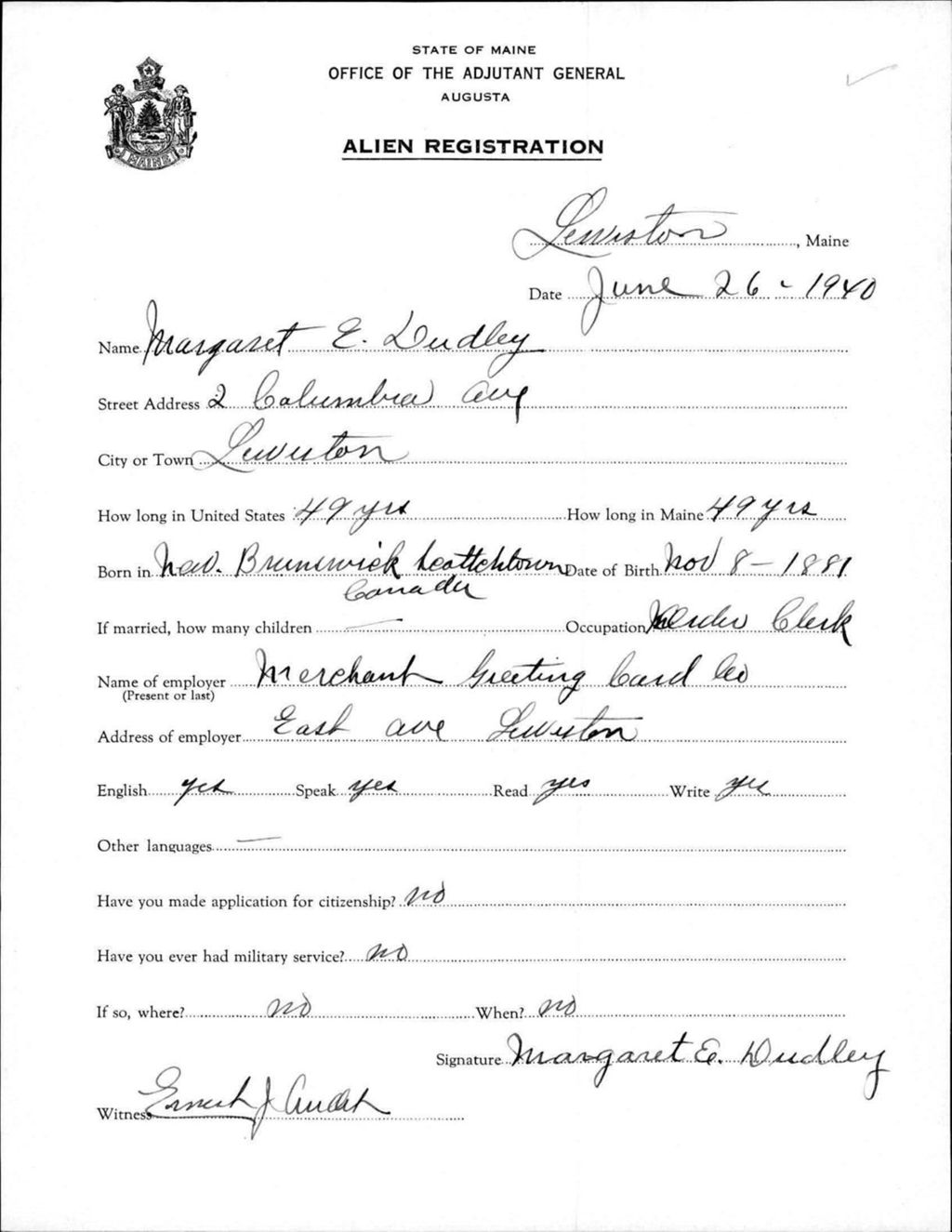 Miniature of Alien Registration- Dudley, Margaret E. (Lewiston, Androscoggin County)