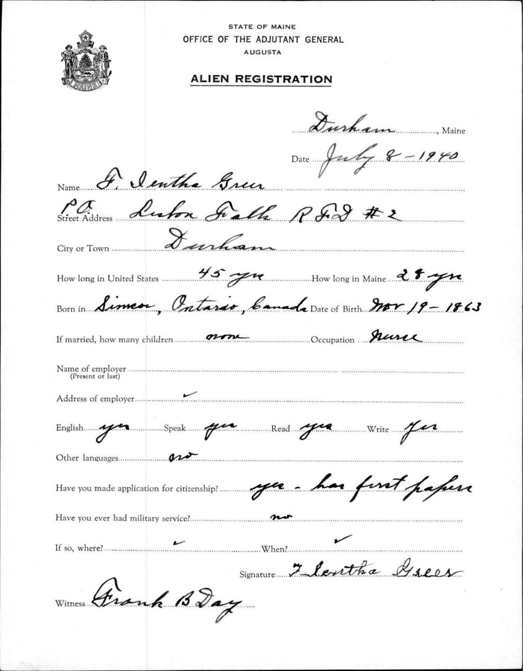 Miniature of Alien Registration- Greer, F Ientha (Durham, Androscoggin County)