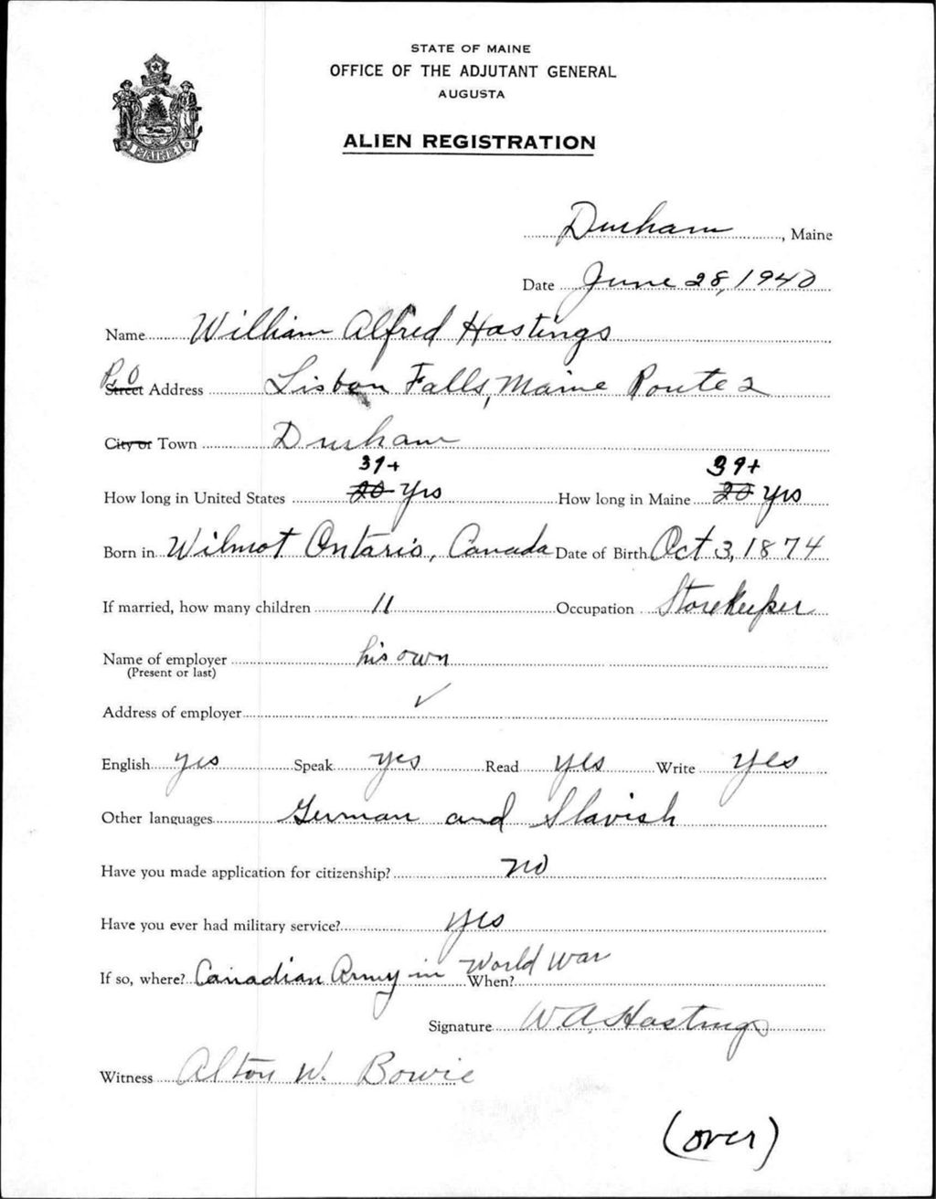 Miniature of Alien Registration- Hastings, William A. (Durham, Androscoggin County)