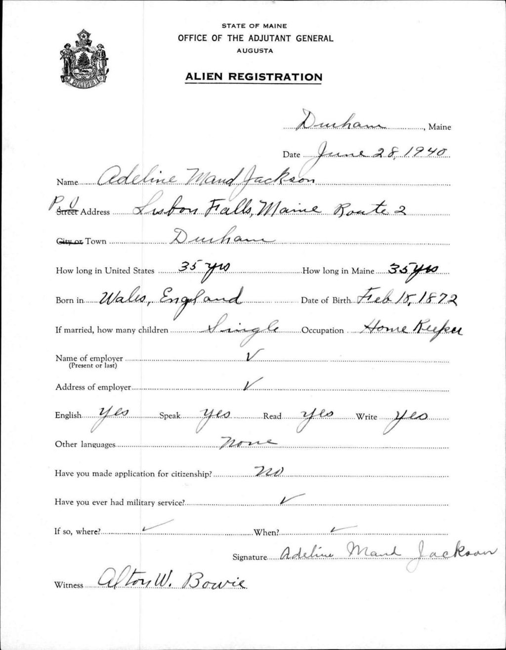 Miniature of Alien Registration- Jackson, Adeline M. (Durham, Androscoggin County)
