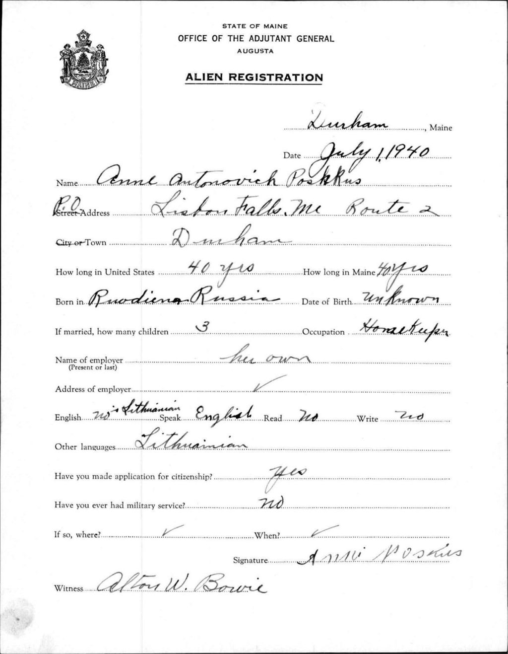 Miniature of Alien Registration- Antonovich, Anne (Durham, Androscoggin County)