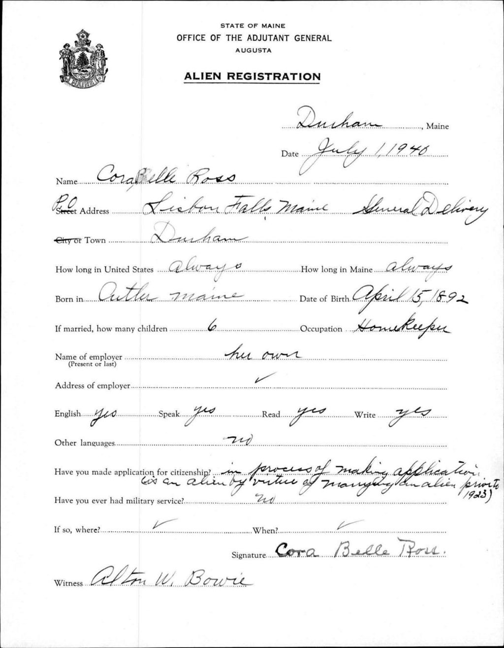 Miniature of Alien Registration- Ross, Cora B. (Durham, Androscoggin County)