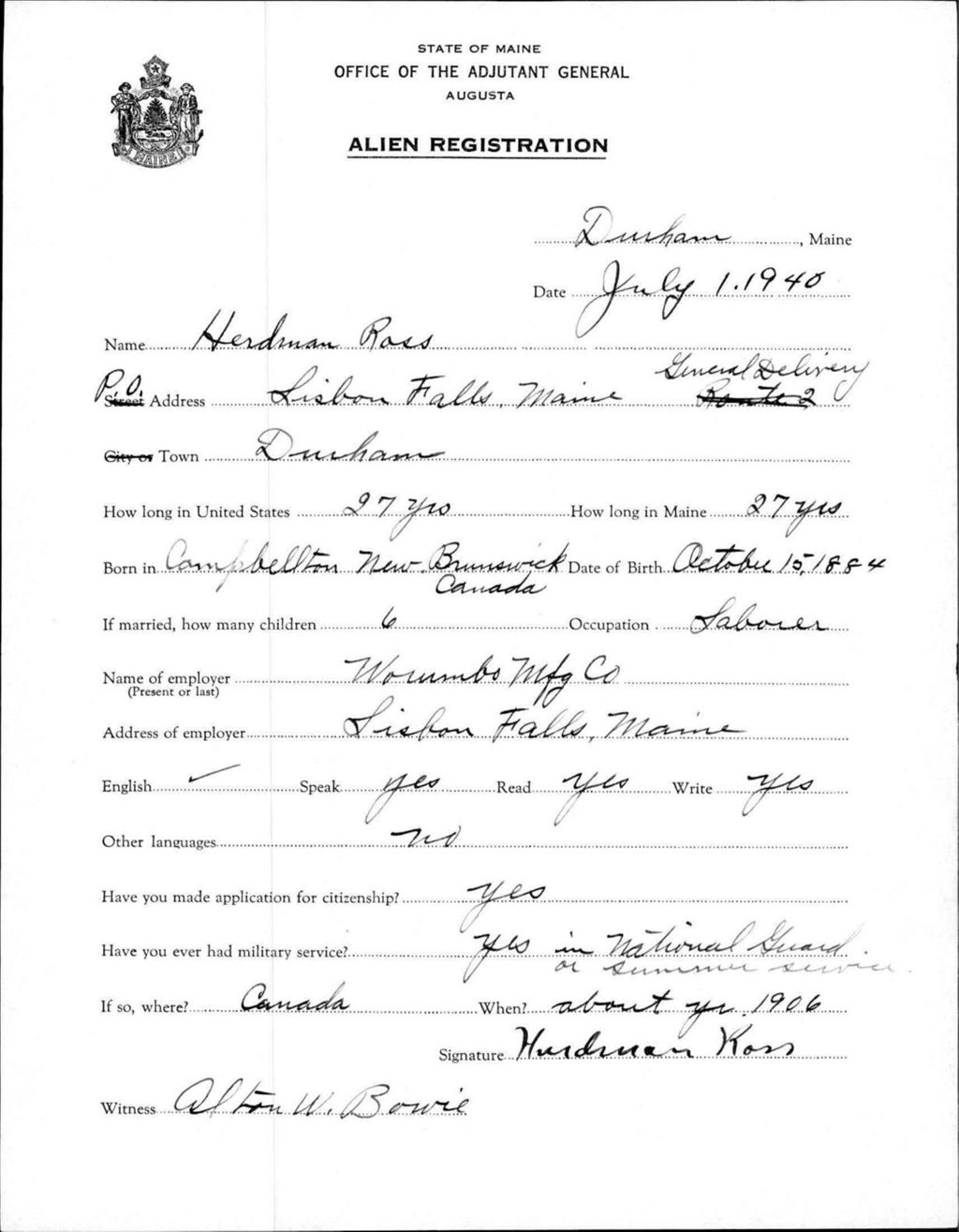 Miniature of Alien Registration- Ross, Herdman (Durham, Androscoggin County)