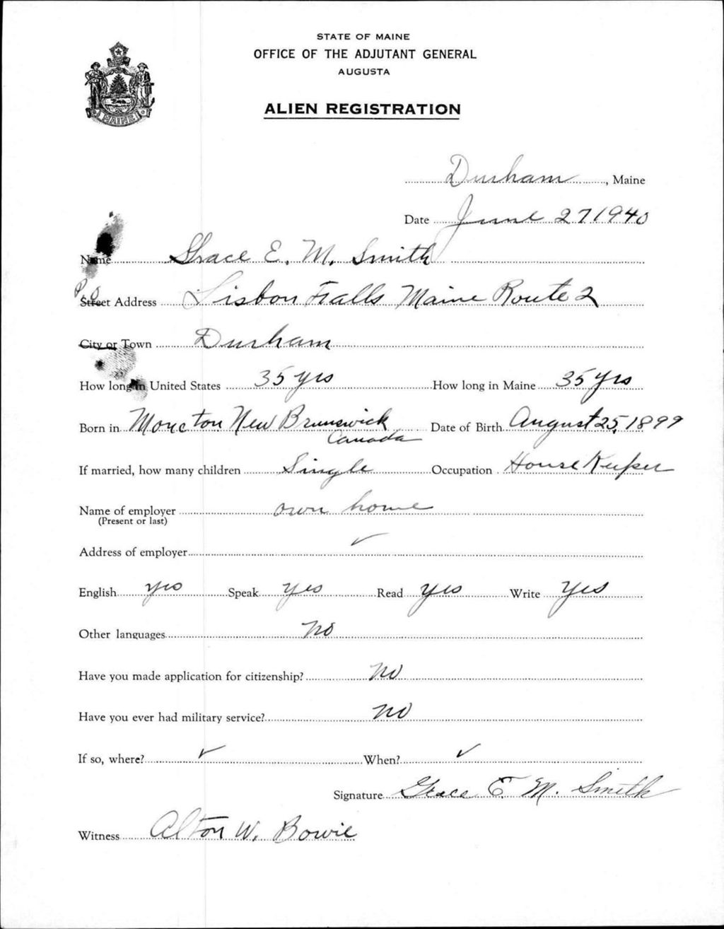 Miniature of Alien Registration- Smith, Grace E M. (Durham, Androscoggin County)