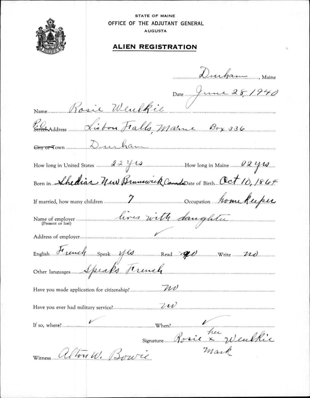 Miniature of Alien Registration- Weulkie, Rosie (Durham, Androscoggin County)