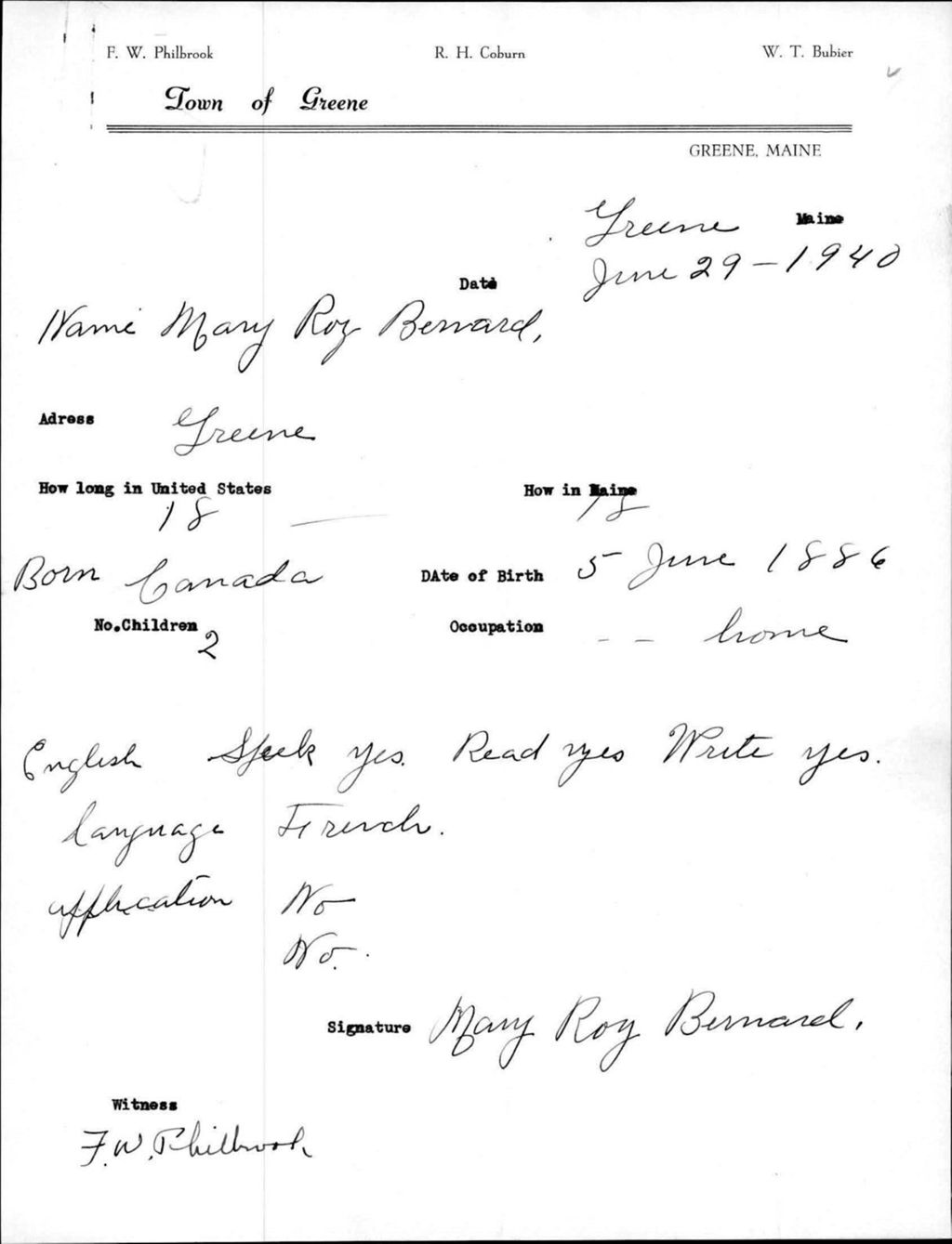 Miniature of Alien Registration- Roy, Mary (Greene, Androscoggin County)