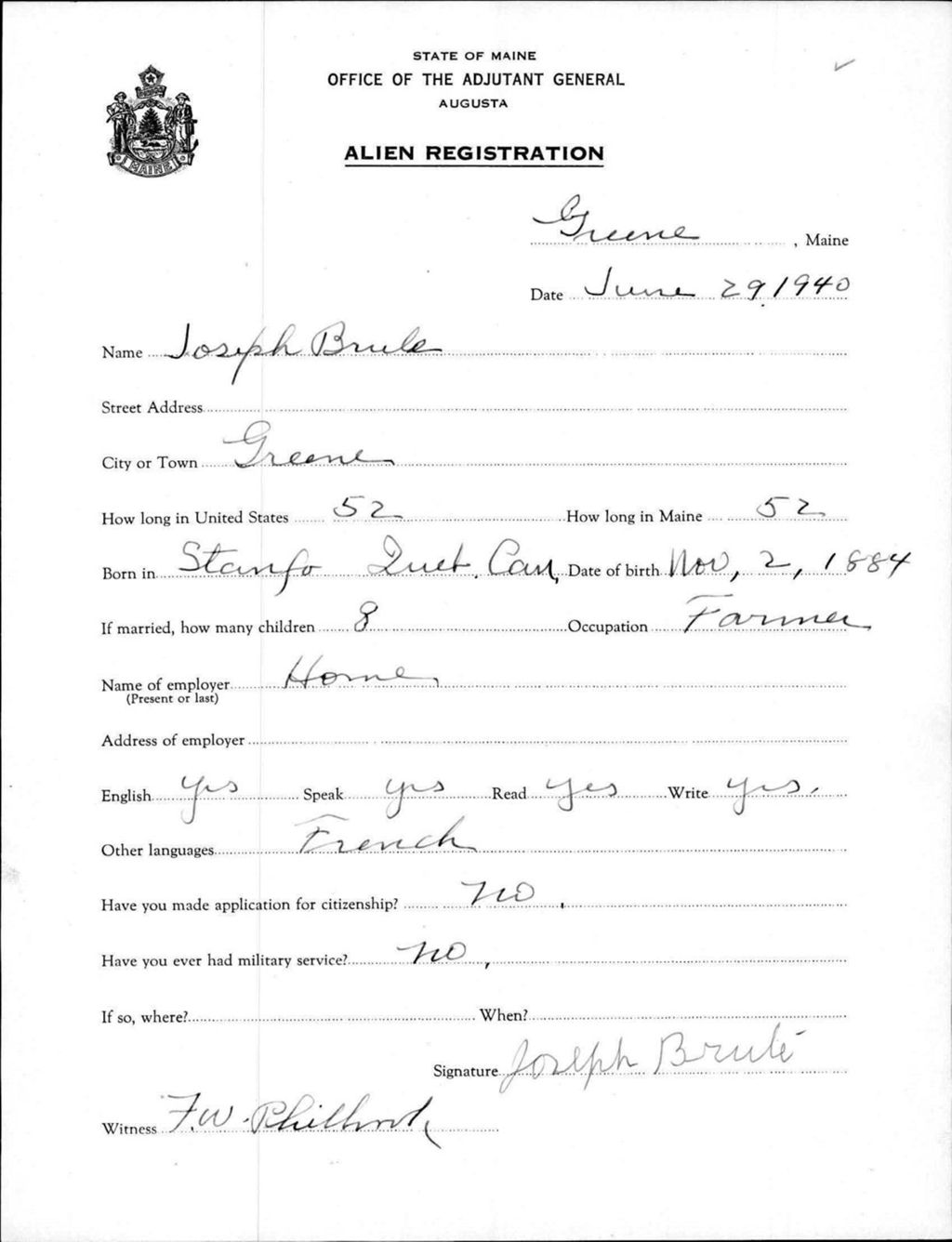 Miniature of Alien Registration- Brule, Joseph (Greene, Androscoggin County)