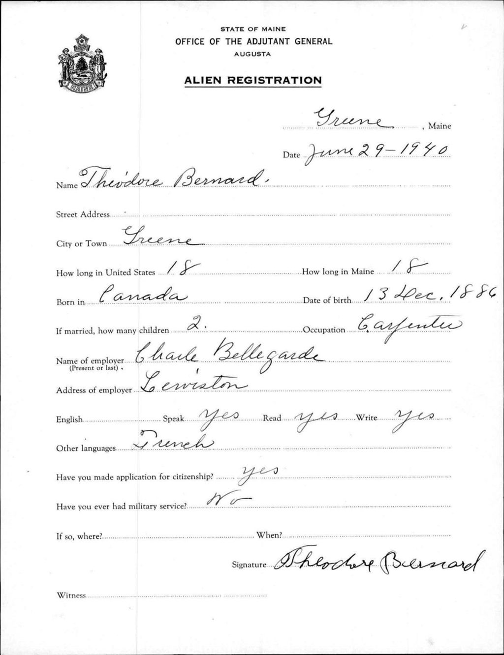 Miniature of Alien Registration- Bernard, Theodore (Greene, Androscoggin County)