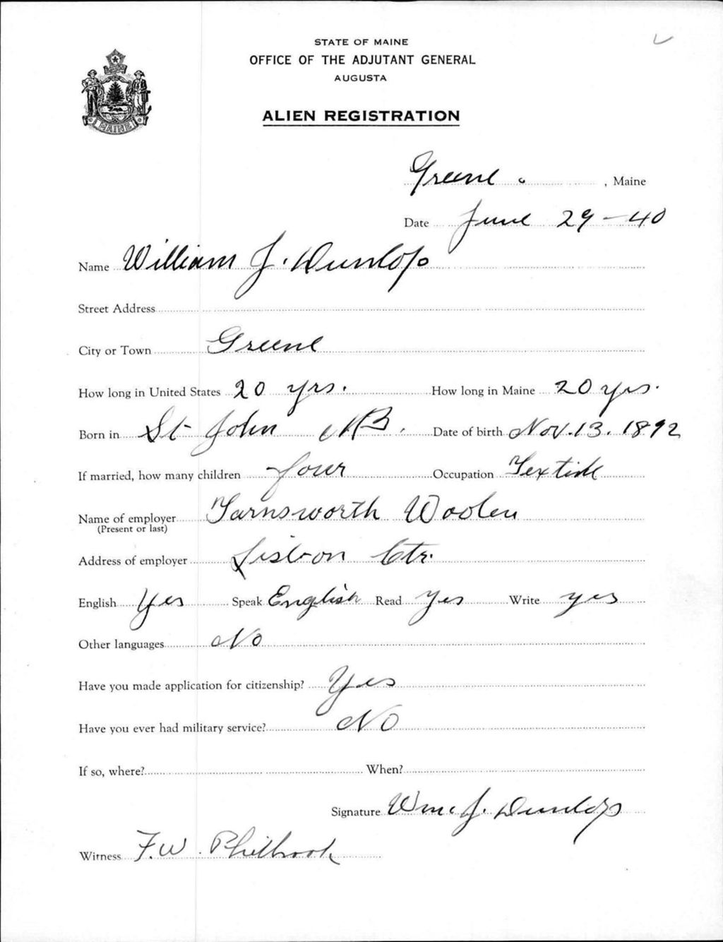 Miniature of Alien Registration- Dunlop, William J. (Greene, Androscoggin County)