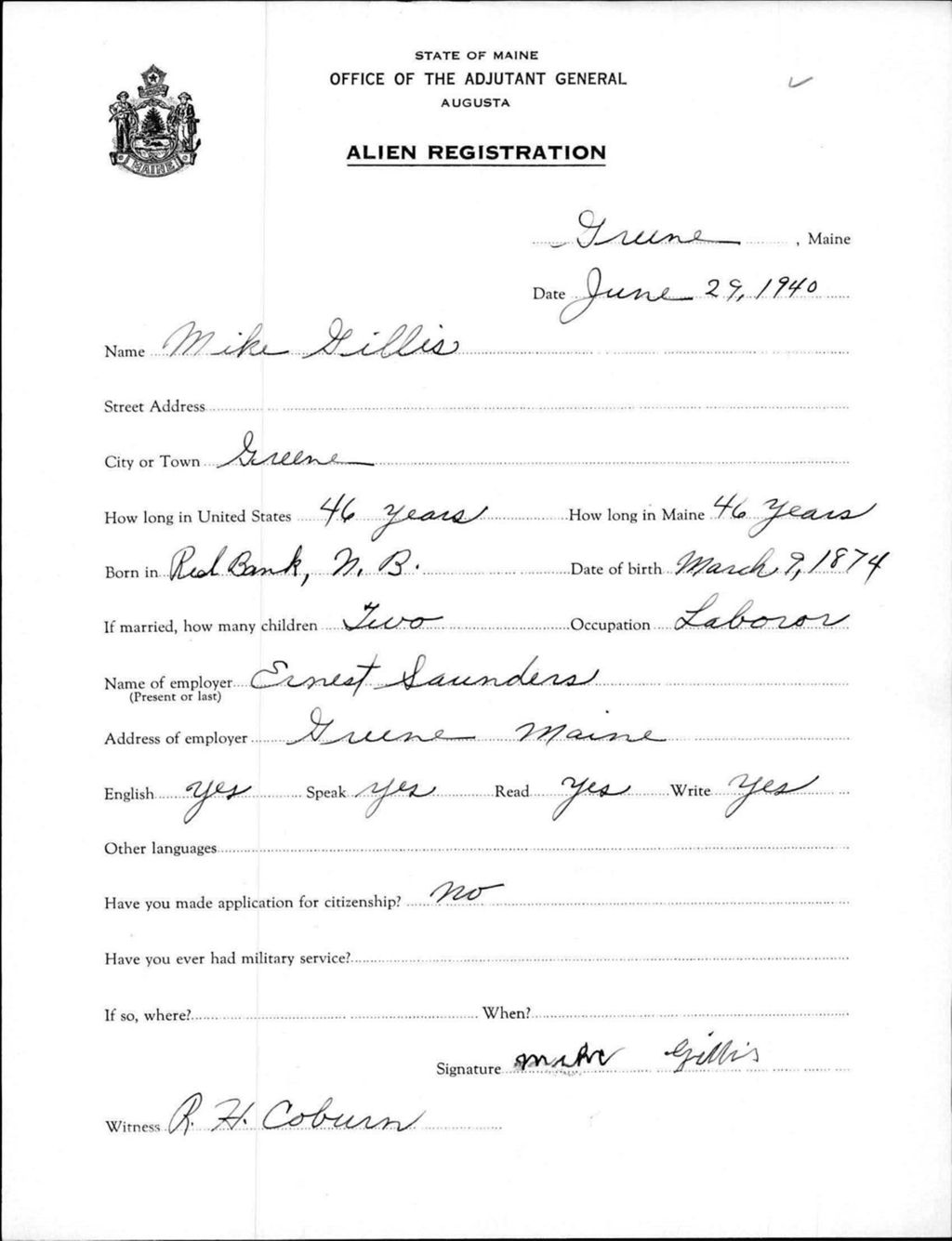 Miniature of Alien Registration- Gillis, Mike (Greene, Androscoggin County)