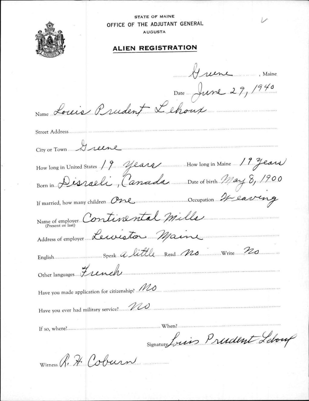 Miniature of Alien Registration- Lehoux, Louis P. (Greene, Androscoggin County)