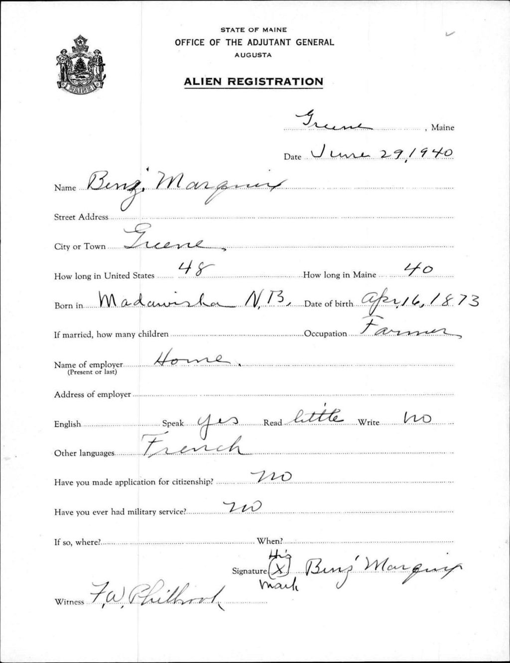 Miniature of Alien Registration- Marquix, Benjamin (Greene, Androscoggin County)