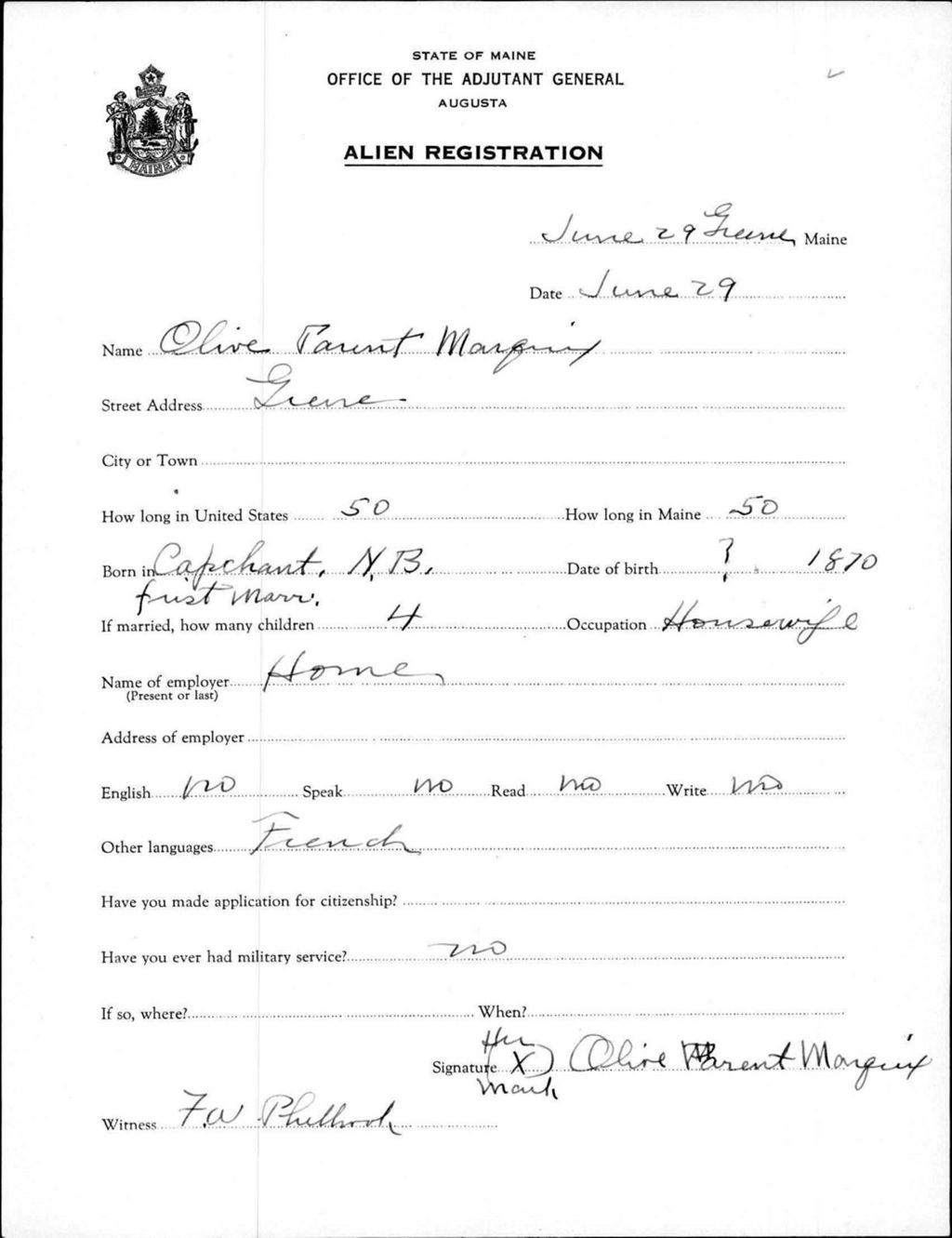 Miniature of Alien Registration- Parent, Olive (Greene, Androscoggin County)