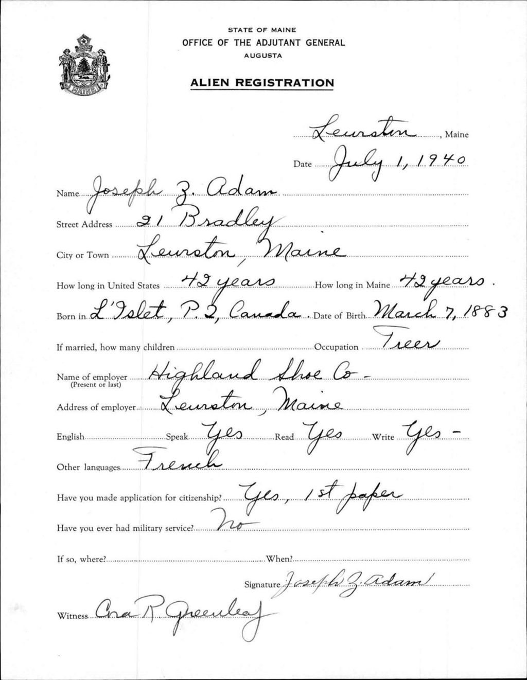 Miniature of Alien Registration- Adam, Joseph Z. (Lewiston, Androscoggin County)