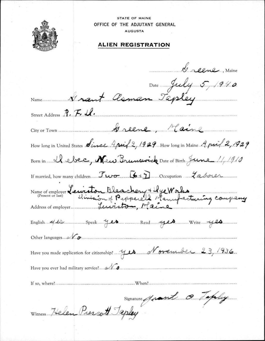 Miniature of Alien Registration- Tapley, Grant O. (Greene, Androscoggin County)