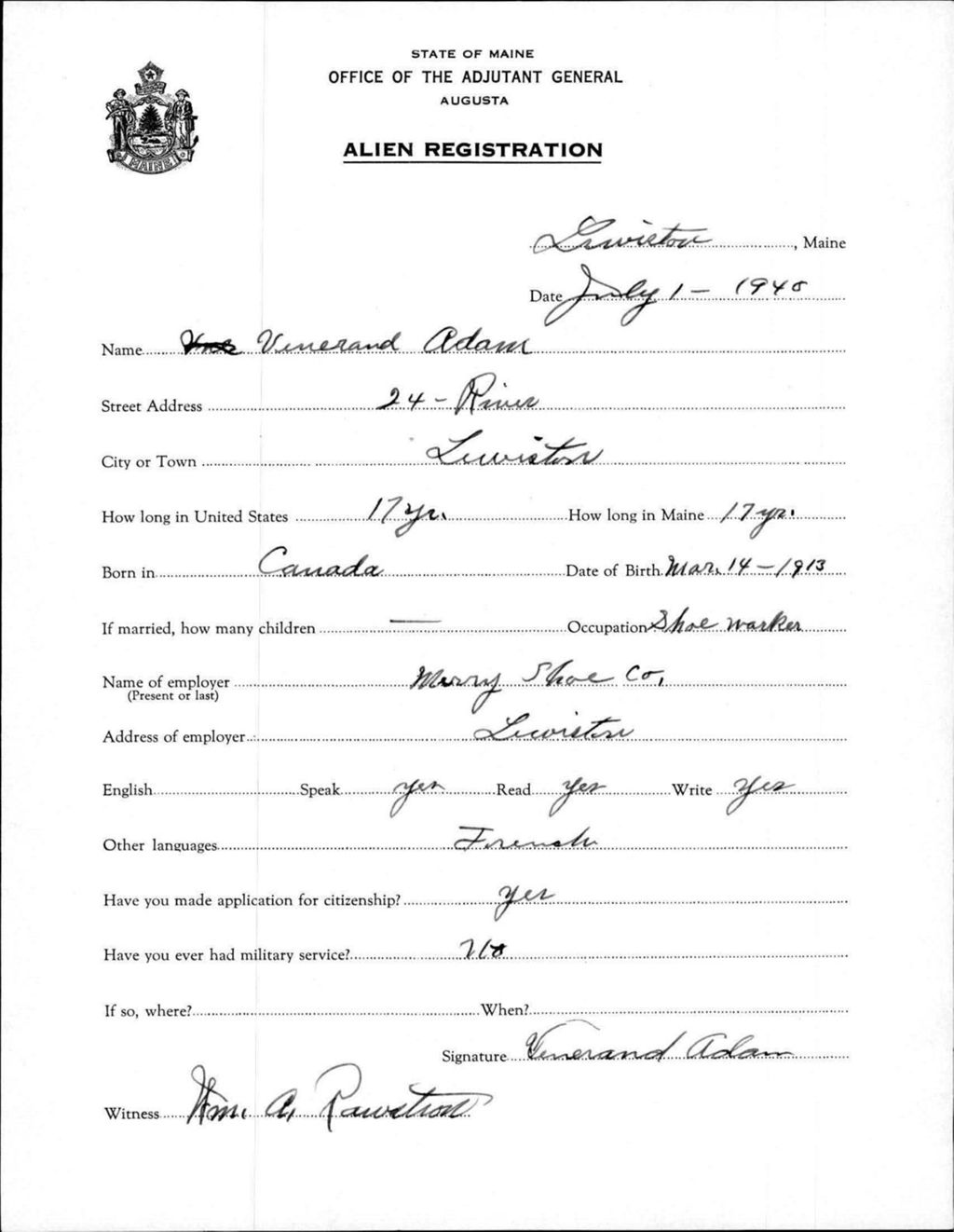 Miniature of Alien Registration- Adam, Vinerand (Lewiston, Androscoggin County)
