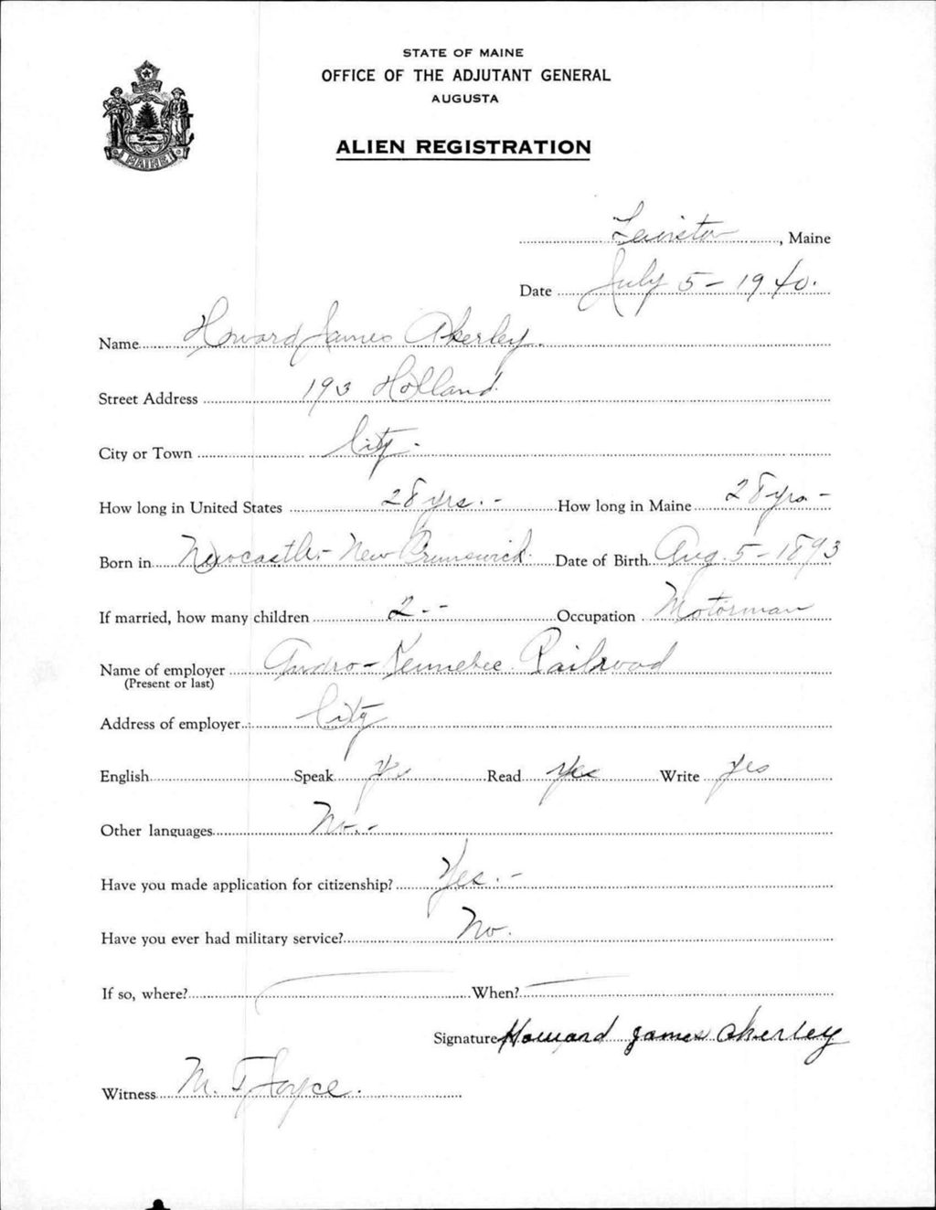 Miniature of Alien Registration- Akerley, Howard J. (Lewiston, Androscoggin County)