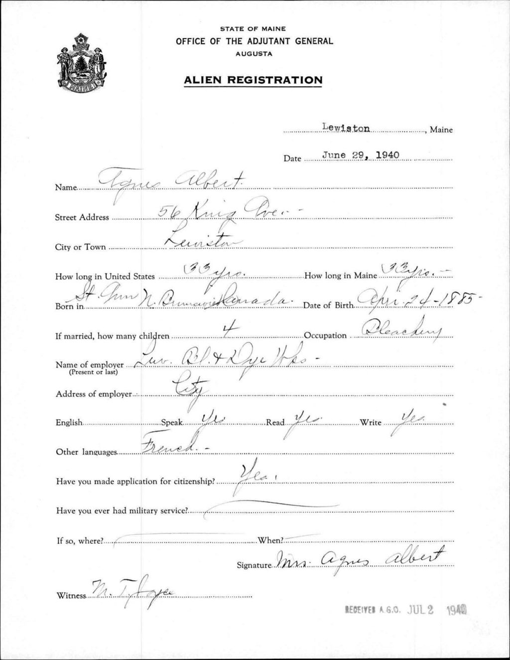 Miniature of Alien Registration- Albert, Agnes (Lewiston, Androscoggin County)