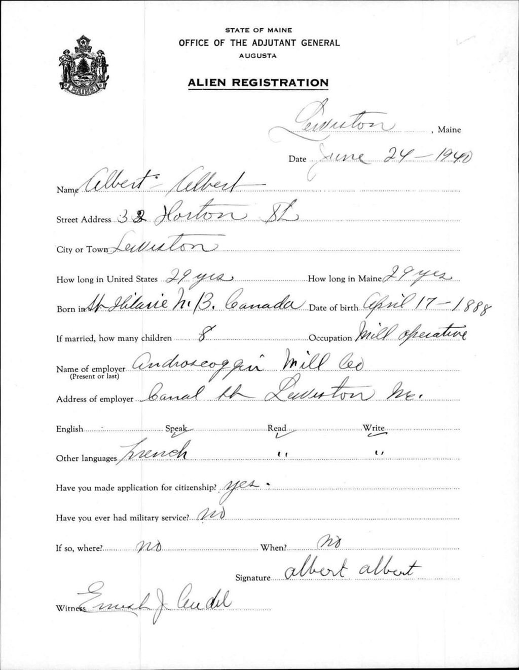 Miniature of Alien Registration- Albert, Albert (Lewiston, Androscoggin County)