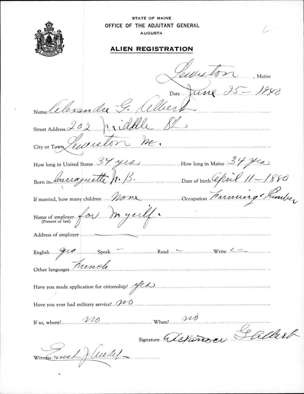 Miniature of Alien Registration- Albert, Alexandre G. (Lewiston, Androscoggin County)