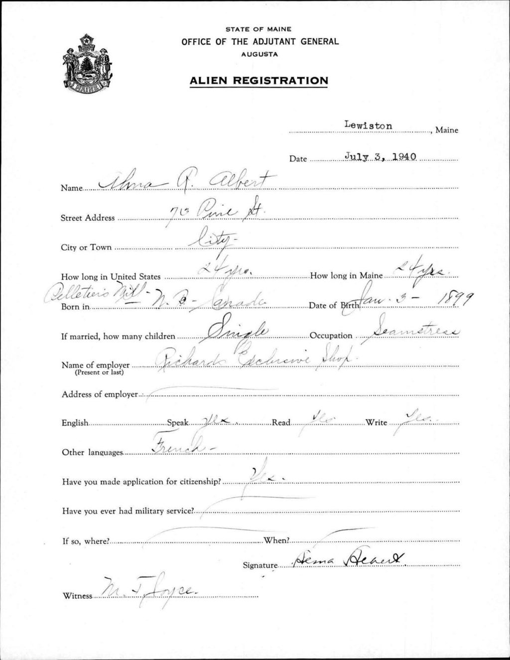 Miniature of Alien Registration- Albert, Alma R. (Lewiston, Androscoggin County)