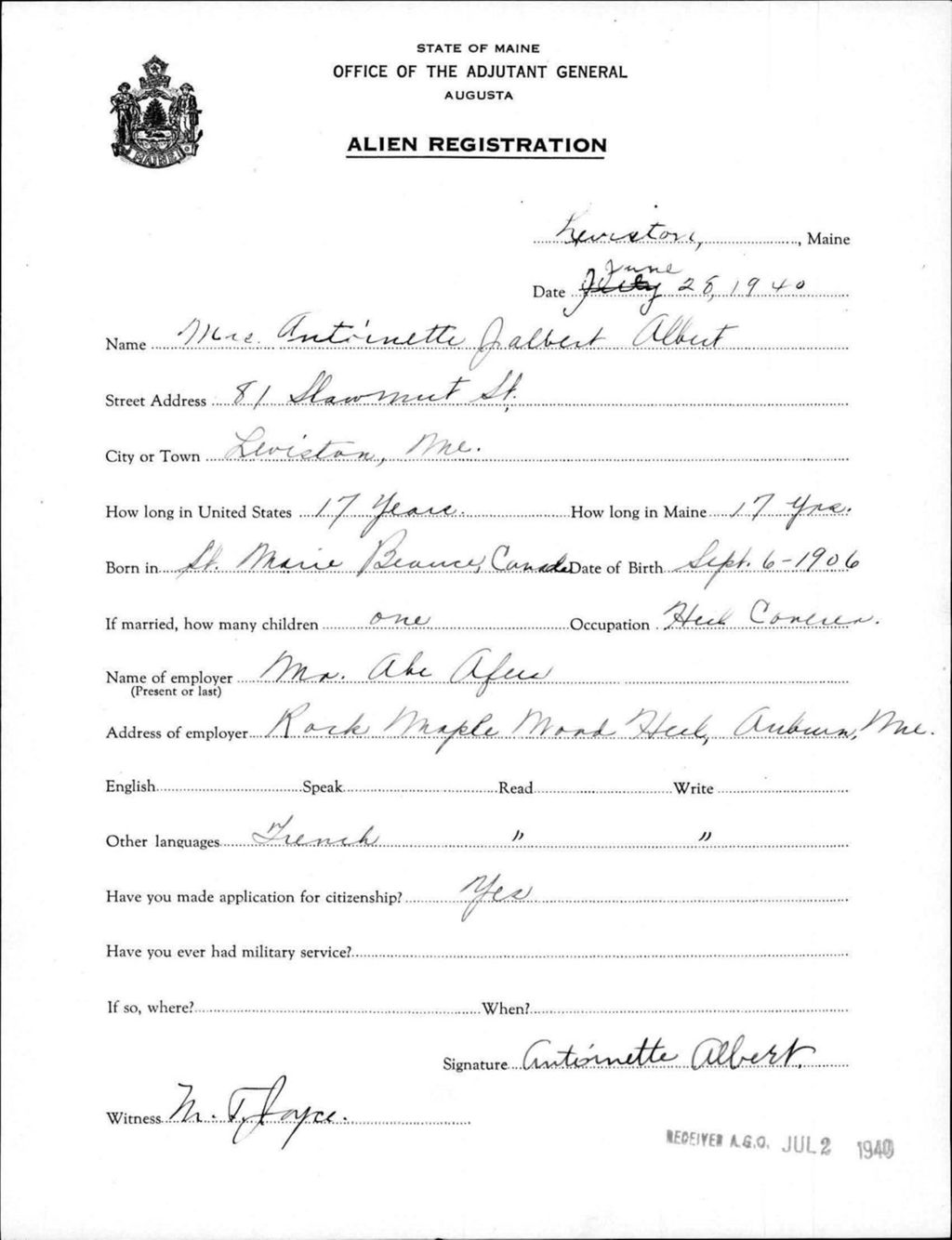 Miniature of Alien Registration- Jalbert, Antoinette (Lewiston, Androscoggin County)
