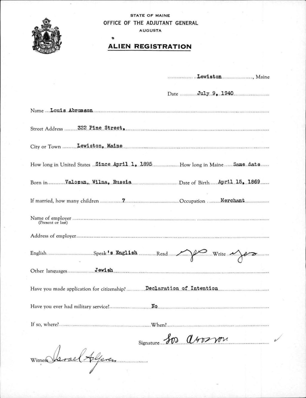 Miniature of Alien Registration- Abromson, Louis (Lewiston, Androscoggin County)
