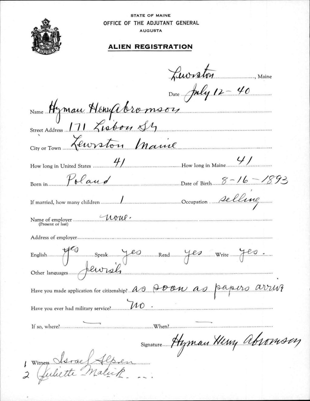 Miniature of Alien Registration- Abromson, Hyman H. (Lewiston, Androscoggin County)