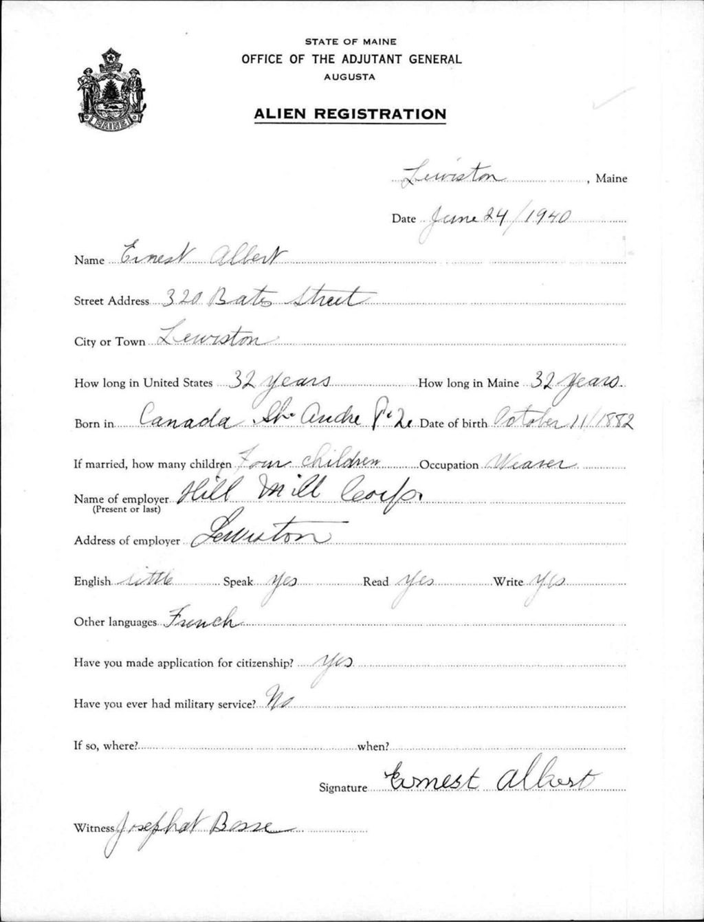 Miniature of Alien Registration- Albert, Ernest (Lewiston, Androscoggin County)