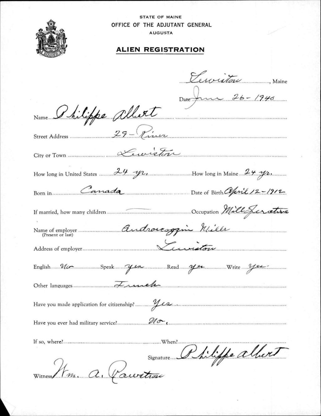 Miniature of Alien Registration- Albert, Philippe (Lewiston, Androscoggin County)