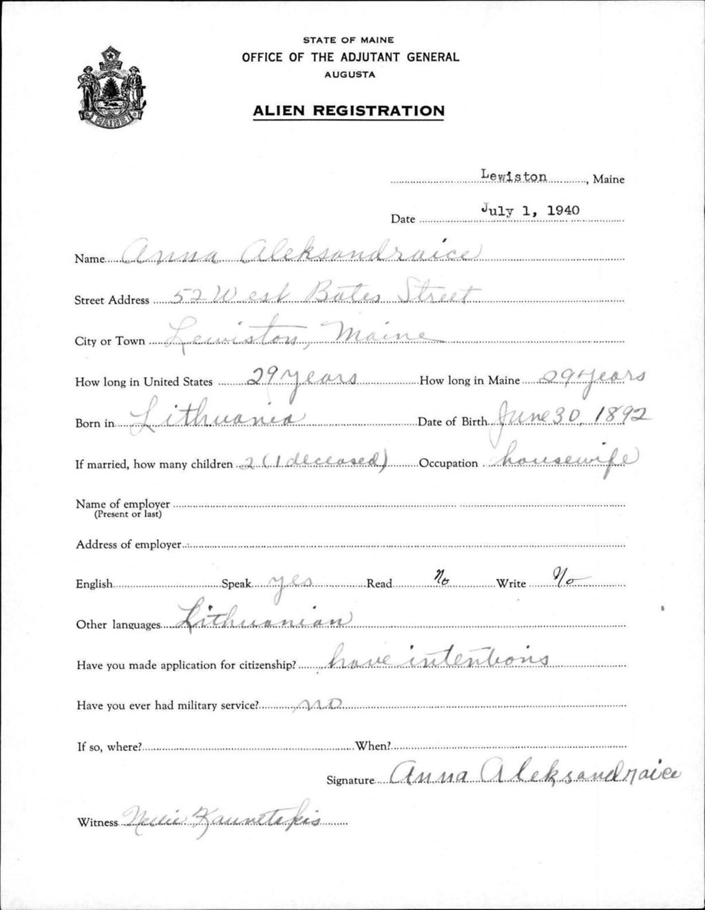 Miniature of Alien Registration- Aleksandraice, Anna (Lewiston, Androscoggin County)