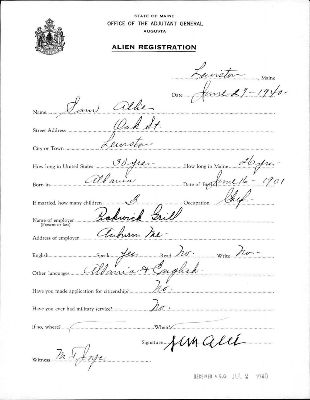 Miniature of Alien Registration- Allie, Sam (Lewiston, Androscoggin County)