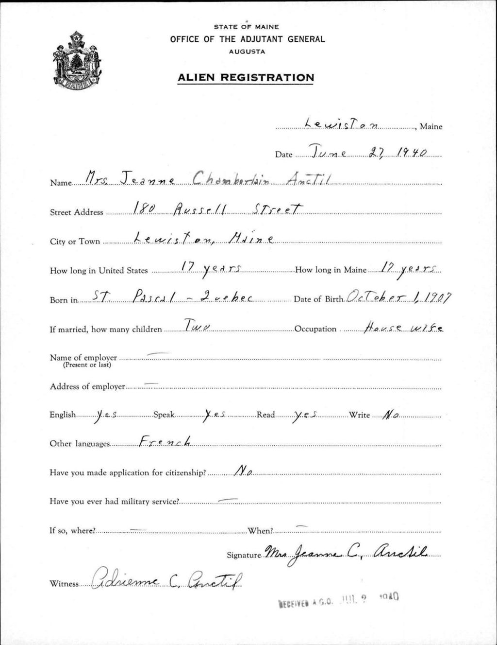 Miniature of Alien Registration- Chamberlain, Jeanne (Lewiston, Androscoggin County)