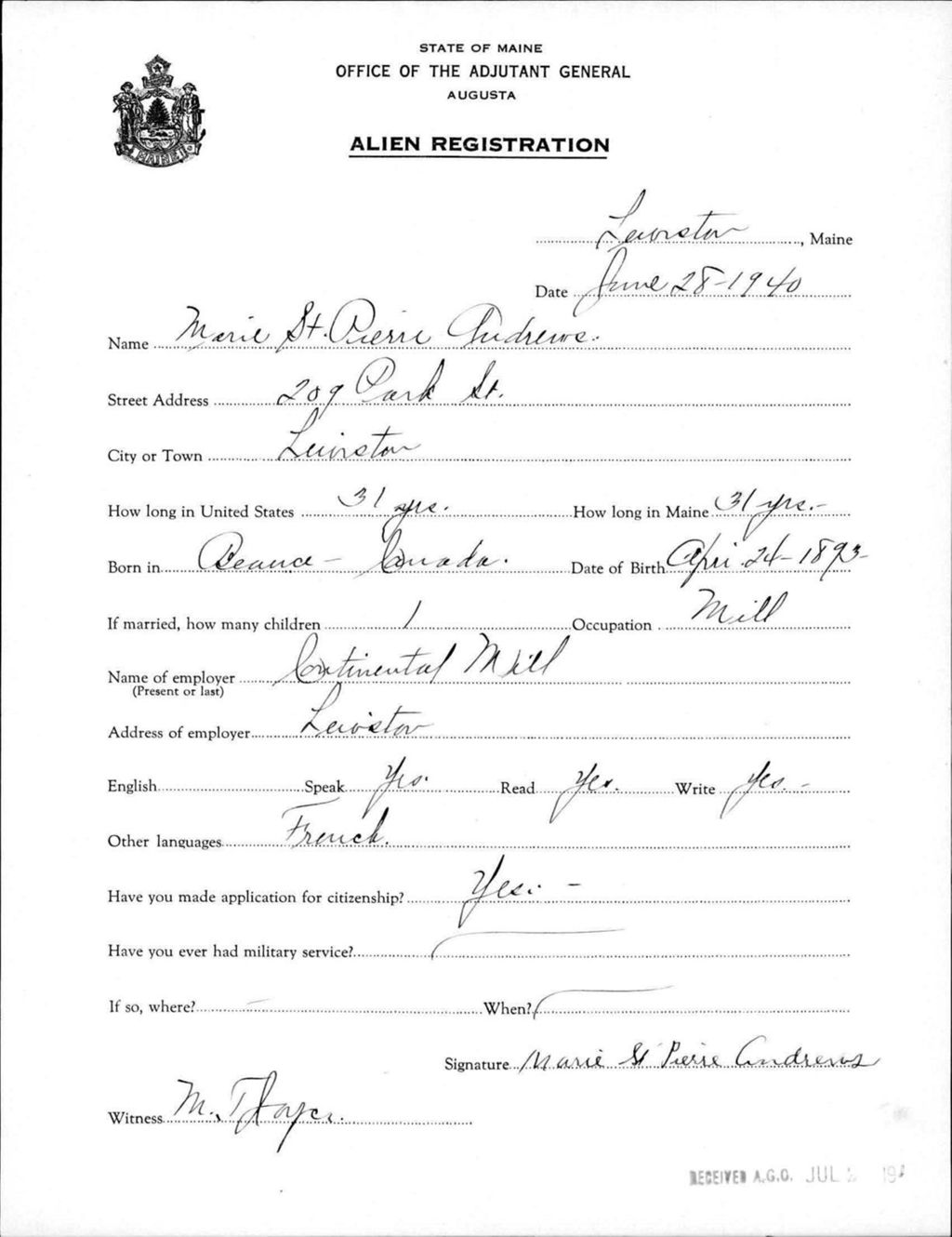 Miniature of Alien Registration- St Pierre, Marie (Lewiston, Androscoggin County)