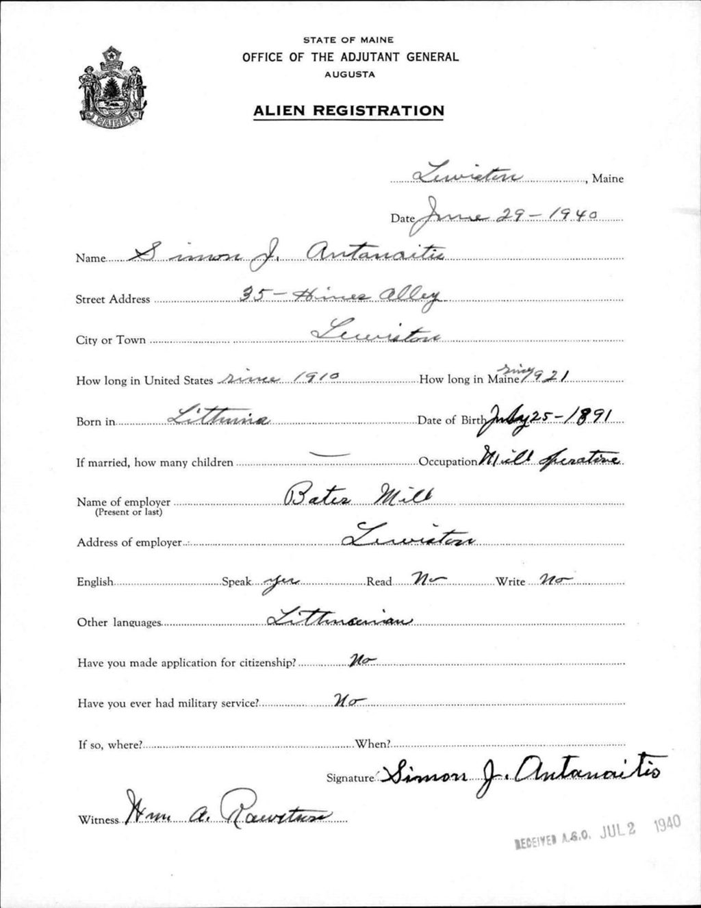 Miniature of Alien Registration- Antonoitio, Simon J. (Lewiston, Androscoggin County)